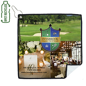 12" X 12" -"TEE OFF" Recycled RPET Suede Golf Towel Full Color Import Air Ship