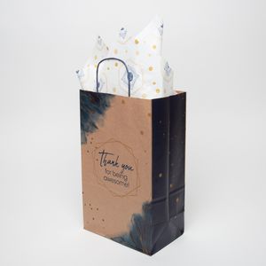 13.375" Natural Brown Blue Handle Shopper with Tissue Paper Bundle
