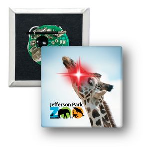 2" Square Celluloid Button with a Red Flashing LED Light