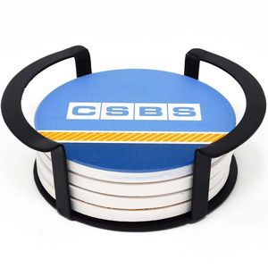 4 Pc. Round Ceramic Coaster Set In Black Metal Stand