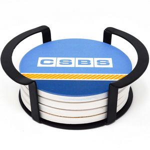 4 Pc. Round Ceramic Coaster Set In Black Metal Stand