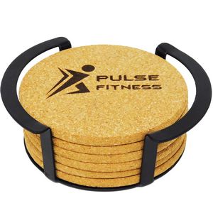 6 Pc. Round Cork Coaster Set with Black Metal Stand