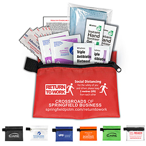 "BIXBY PLUS SAN" 13 Piece Mask & Sanitizing Safety Kit inserted into Zipper Pack