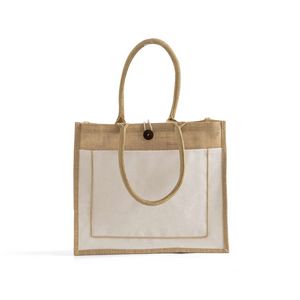 Button-Closure Jute Tote Bag