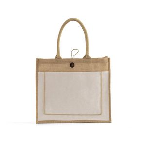 Button-Closure Jute Tote Bag