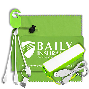 "ChargeBank" Mobile Tech Power Accessory Kit w/Cables & Cloth in Cinch Pouch