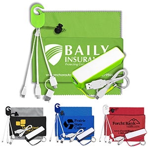 "ChargeBank" Mobile Tech Power Accessory Kit w/Cables & Cloth in Cinch Pouch