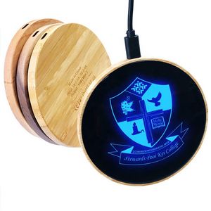 Custom Led Logo Wooden Bamboo Wireless Charger With Tempered Glass 15W