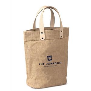 Jute gift bag with thick leather handles and rivets