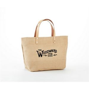 Large jute tote bag with leather handles
