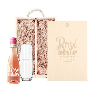 Laser-Engraved Double Mini Wood Box w/Etched 1-Color Mini RosÃ© Wine + Flute