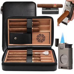 Leather Cedar Wood Cigar Humidor with Cigar Lighter