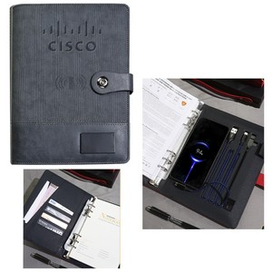 Leatherette Wireless Qi Charging Padfolio With Built-In Power Bank