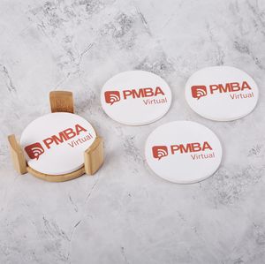 Round Ceramic Coaster: 4 Pc Set with Wood Stand