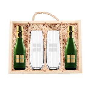 Rustic Laser-Engraved Wood Box w/2 Etched Mini Bubbles & 2 Etched Glasses