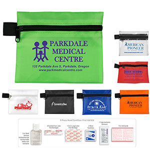 "SaniTime Plus" 9 Piece Hand Sanitizer First Aid Kit in Zipper Pouch