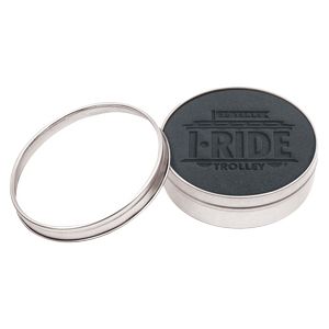 Set of 4 Black Leather Coasters | Circle | 3 7/8" dia. | Debossed | Clear Top Tin