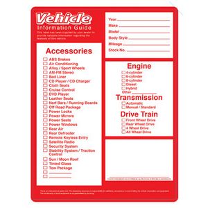 Vehicle Information Guide Sticker (100 Per Pack)