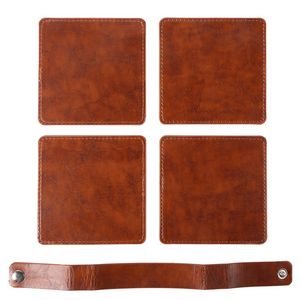 Watson Square PU Leather Coaster: 4 piece Set in Holder