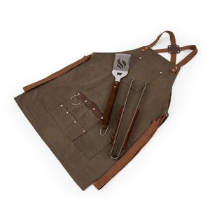 Waxed Canvas BBQ Grill Apron with tools and bottle opener